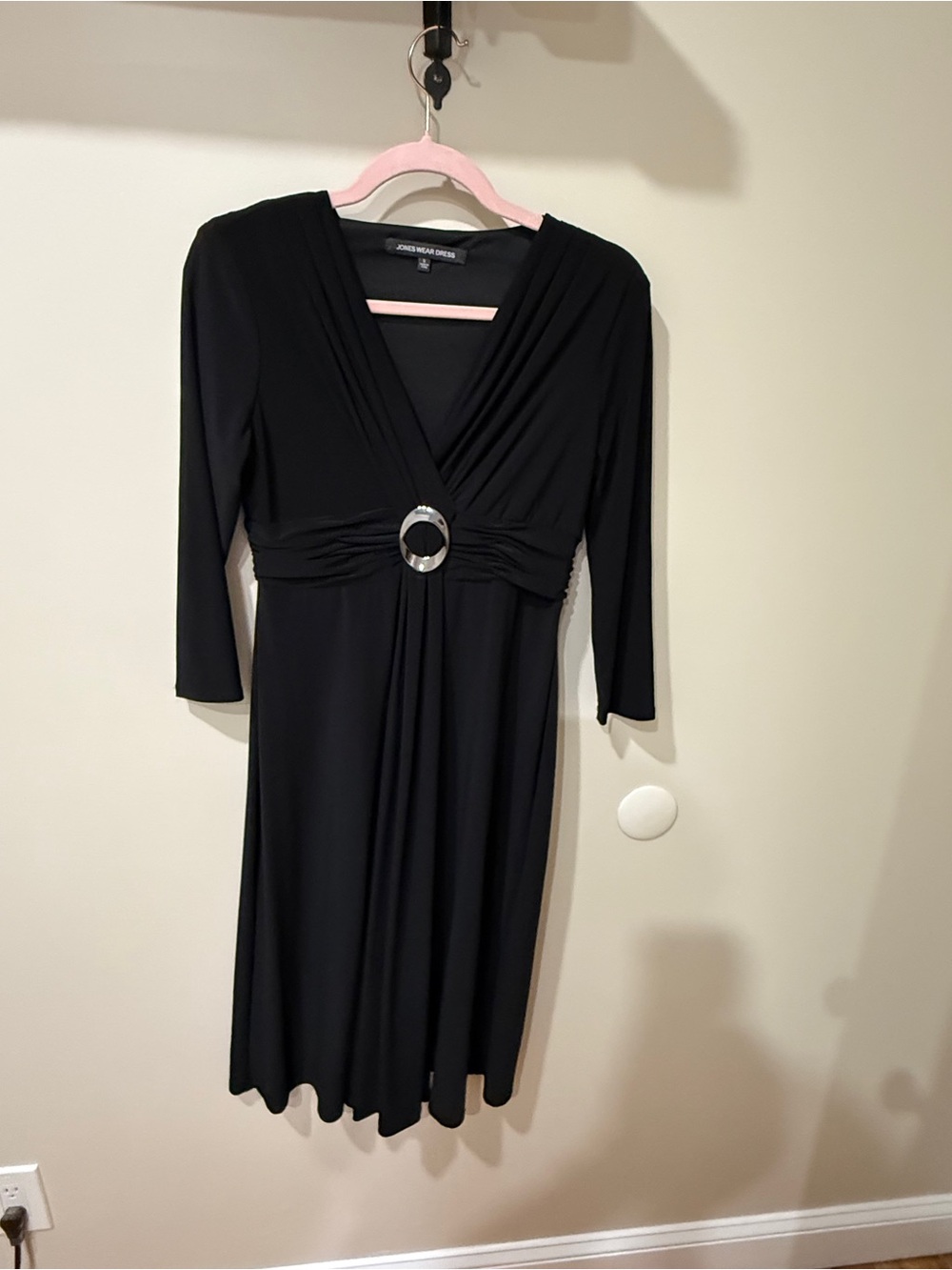Jones Wear Black V-Neck Dress with Silver Accent Ring